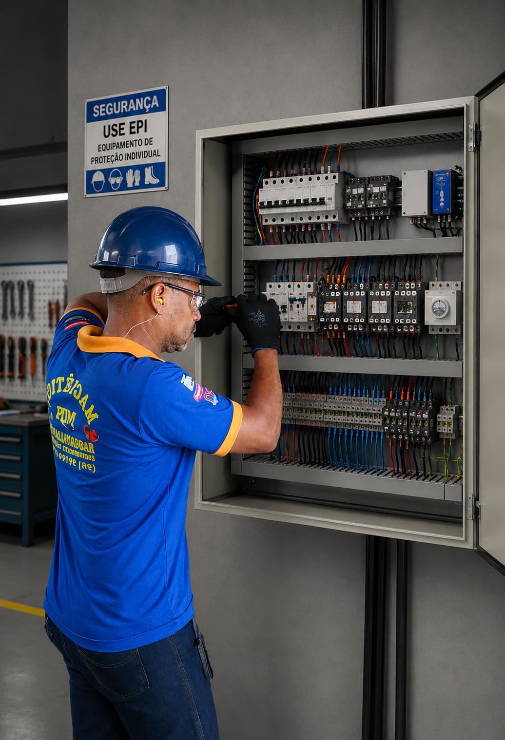 Técnico fazendo manutenção em painel de comando elétrico